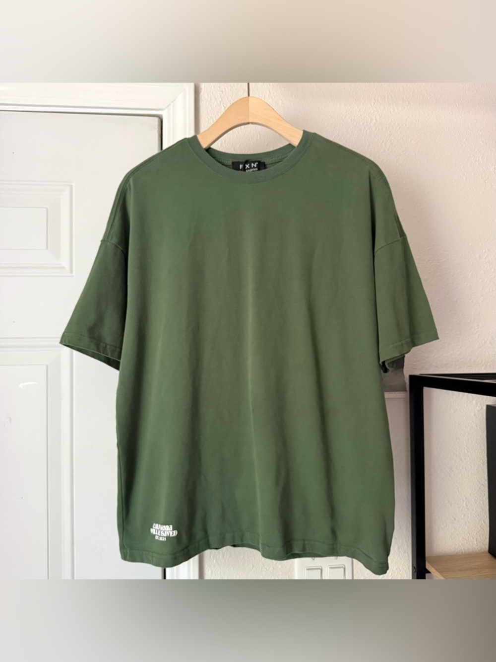 NWT FXN Los Angeles Olive green cotton knit crew neck boxy tee‎ t-shirt